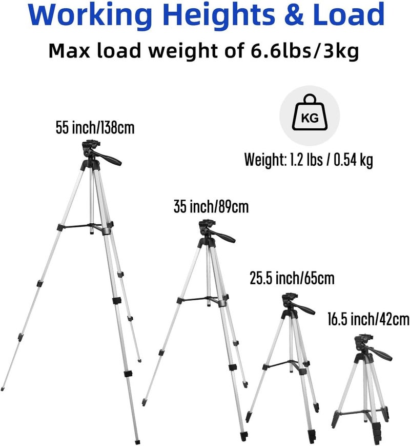 VulcanForge 16.5"-55" Aluminum Tripod for Laser Level, 1.2lb Lightweight, 3D Pan Tilt with Bubble Level, Quick Release Plate, Silver. - Image 5